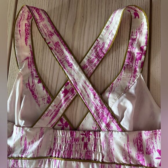 Ann Taylor LOFT 100% Silk tribal maxi cris cross halter Pink, White, & moss Sz 0 - Picture 6 of 9